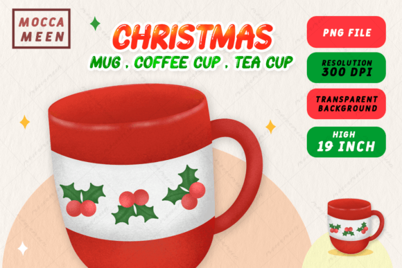 Christmas Red Mug with Holly Berries: Festive Illustrations