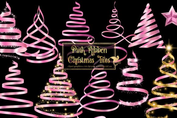 Pink Ribbon Christmas Trees Clipart: Festive Illustrations