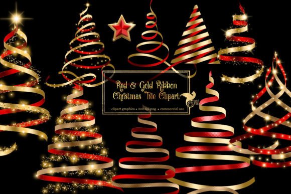 Red and Gold Ribbon Christmas Trees: Elegant Illustrations