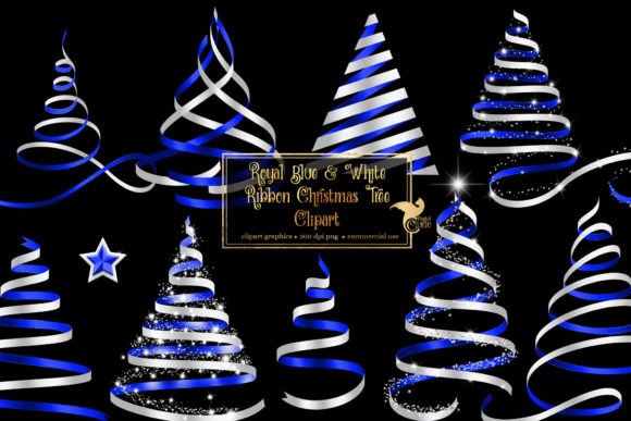 Royal Blue Ribbon Christmas Trees: Premium Illustrations