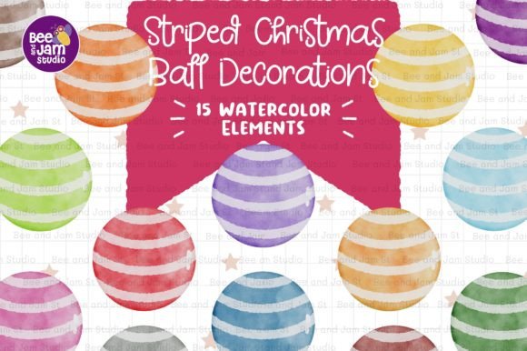 Striped Christmas Ball Watercolor PNG for Illustrations