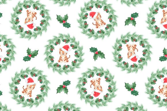Watercolor Christmas Tiger Print: Festive Illustrations